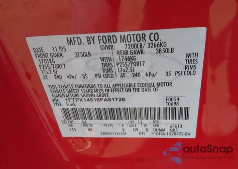 2006 Ford F-150 Fx4/Lariat/Xl/Xlt z USA, uszkodzony, nr VIN 1FTPX14516FA51728